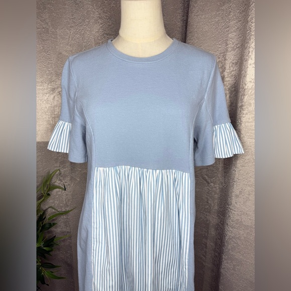 NEW English Factory Knit Stripe Woven Mixed Dress Blue & White Sz S - Picture 4 of 11